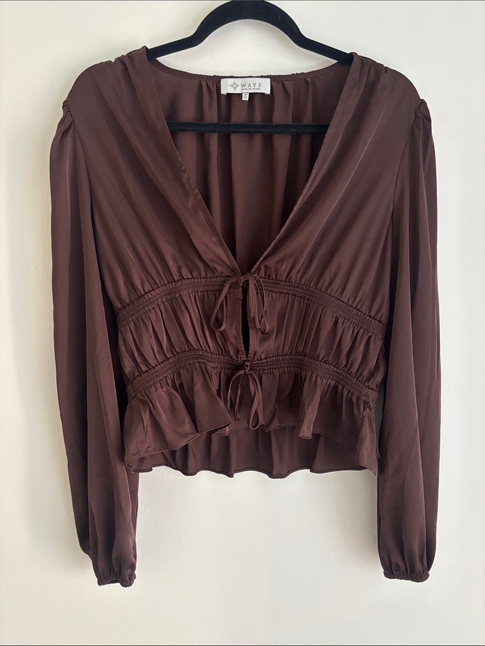 Wayf Brown V-Neck Tie-Front Long Sleeve Blouse